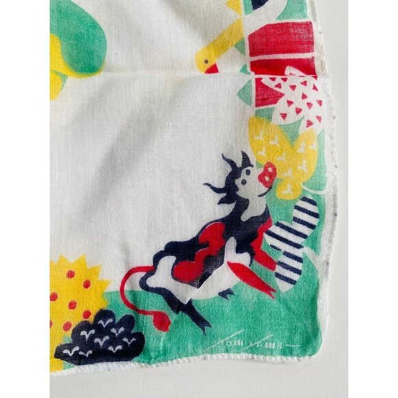 Vintage Tom Lamb Child's Handkerchief with Elephant, Cow, Dog, Chickens, 1940s - Picture 4 of 9